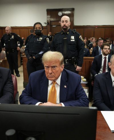 Former President Donald Trump sits next to his lawyers Todd Blanche and Emil Bove as he arrives for his trial at Manhattan Criminal Court on May 14 in New York. Curtis Means/Pool/Getty Images